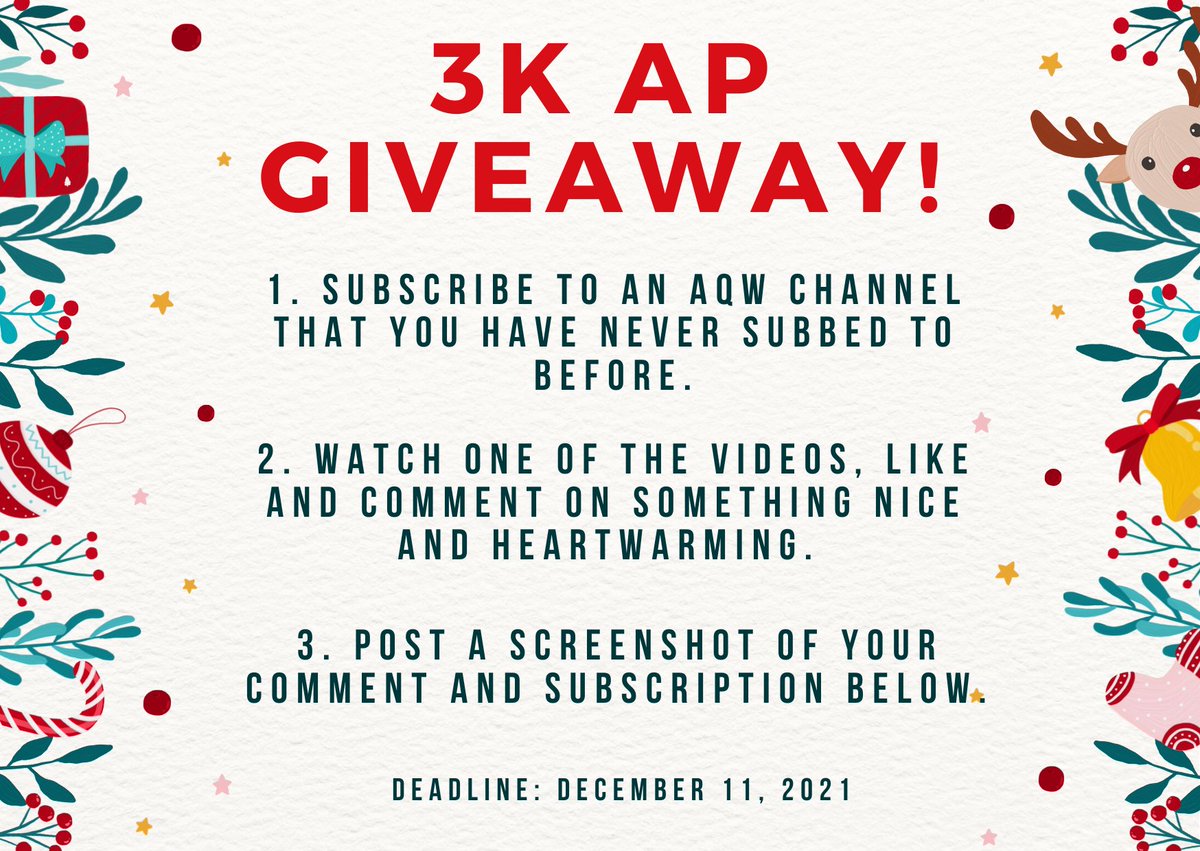 3K AP GIVEAWAY!

Frostval is the season of love, giving, and joy. However, some people give all year long and amongst them are our precious AQW YouTubers! 

They work hard without expecting much back so now's the time to give them love!

This event is brought to you by AQWF!