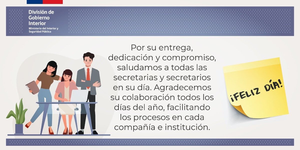 En este día, quiero enviar un afectuoso saludo a todas las Secretarias, especialmente a Elizabeth, con quien trabajo en la Delegación Presidencial de Valparaíso. En su día, un reconocimiento a su dedicada y rigurosa labor. 
¡Feliz día!👏