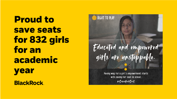 Our #Changemakers series saw @RightToPlayIntl’s CEO, Susan McIsaac, talk about #SaveHerSeat. Our employee fundraising has saved 832 school seats for an academic year. #OneBlackRock bit.ly/3dfqx8q