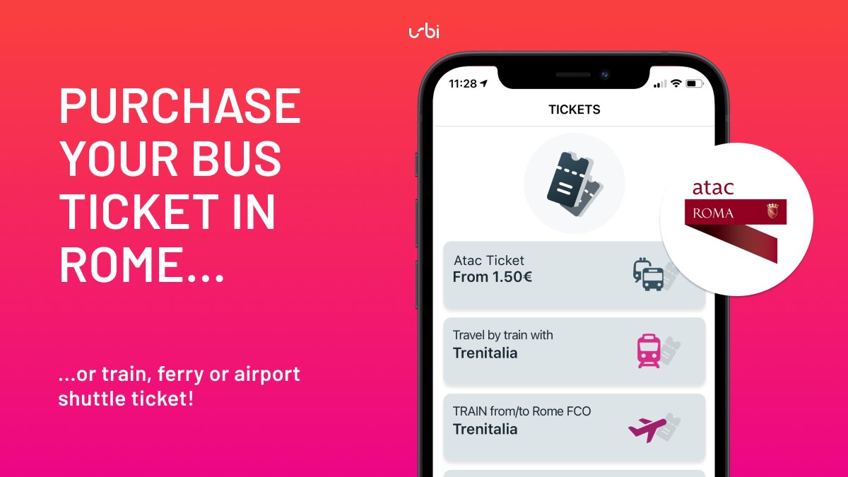 New App update!🥳 If you are in #Rome  you can now purchase #atac  public transport #Tickets  directly on URBI...and not just that! 🚍✈️⛴️🚄 #urbiapp #urbanmobility #micromobility #sharingmobility #trains #urbi #commuting #lesscars
