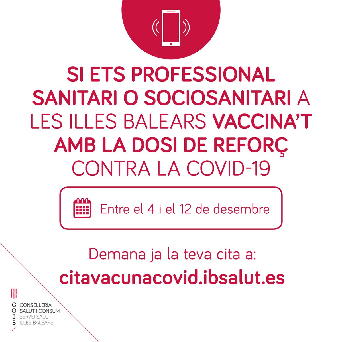 Dosi de reforç tots els professionals sanitaris i sociosanitaris. 

➡️Demana ja la teva cita a citavacunacovid.ibsalut.es/cita-previa-va…

La salut, primer
