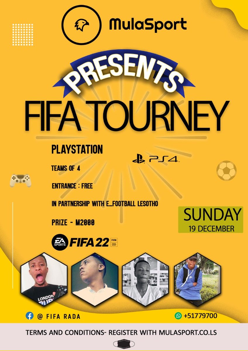mulasport_les's tweet photo. Mula Sports #lesotho  calls out all FIFA players to register to participate in a FIFA Tournament and Stand a Chance to win a ransom if M2000 Maluti. You'll need a Team of 4 people to register let's Goo🔥🔥🔥
#FIFA2021 #Mulasport #FIFA22 #PS4live https://t.co/wC9TBcQojK