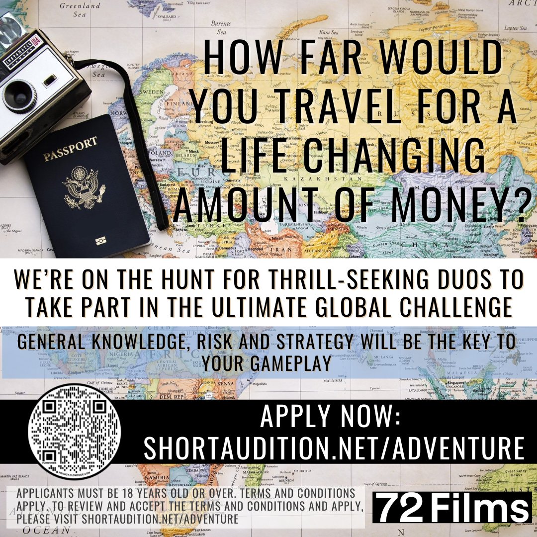 72_films's tweet image. A global streaming service is looking for thrill seeking duos, whatever their relationship!
To take part in an extraordinary opportunity to travel the world and win a life-changing amount of money!
Think you have got what it takes?

APPLY NOW: shortaudition.net/adventure 

#AD