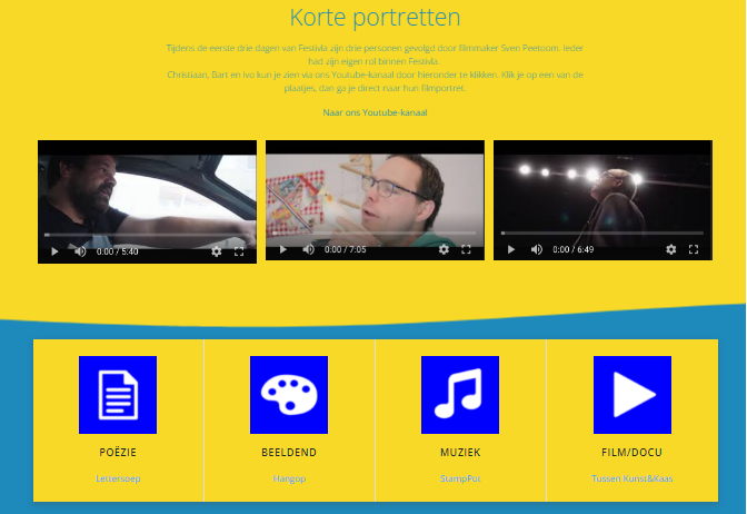 Heb je de mooie documentaires al gezien die Sven Peetoom maakte van drie mensen die betrokken waren bij Festivla? Ze staan op festivla.org. Dan kun je ook meteen de andere resultaten van het project bekijken en beluisteren!