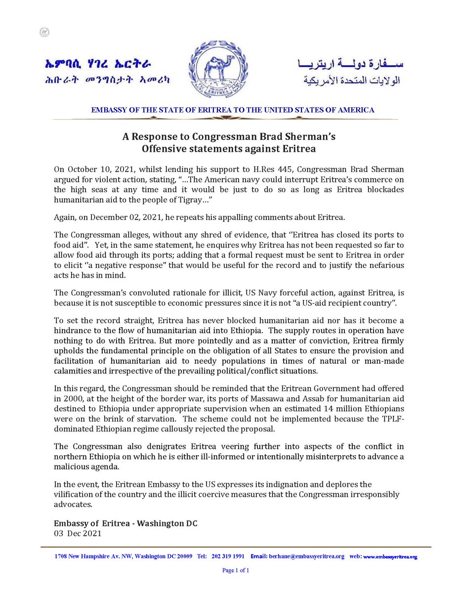 EmbassyEritrea's tweet photo. A Response to Congressman Brad Sherman’s 
Offensive statements against #Eritrea
"The Eritrean Embassy expresses its indignation &amp; deplores the vilification of the country and the illicit coercive measures that the Congressman irresponsibly advocates"
#EritreaPrevails https://t.co/NzZsrBCO4v