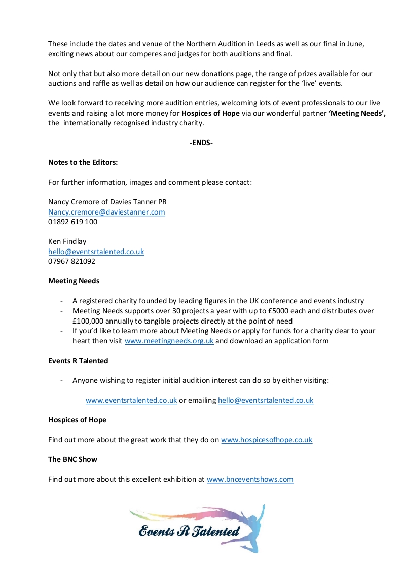 The team of <a href="/PaulTidy/">Paul Tidy</a> <a href="/GraemeSaunders7/">Graeme Saunders</a> <a href="/mattcurran/">Matthew Curran</a> &amp; <a href="/Perceptionsmgt/">Ken Findlay</a> announce the date &amp; venue of our London Auditions. 

Its on 6th April <a href="/theBreweryVenue/">the Brewery</a> immediately after <a href="/BNCEventShow/">The BNC Show</a> 

Full details on the below Press Release

Help support <a href="/UKMeetingNeeds/">Meeting Needs</a>  &amp; @HospicesofHope