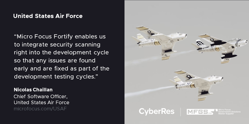 markbfernandes's tweet photo. With @MicroFocusSec Fortify, #USAF dev teams deliver new software releases multiple times a day, achieve faster accreditation of new apps and reduced #cyberattack levels across the #DoD. #DevSecOps #CyberResilience  https://t.co/IZ2gbfWunB #MyCompany https://t.co/mkSjZfrDfu