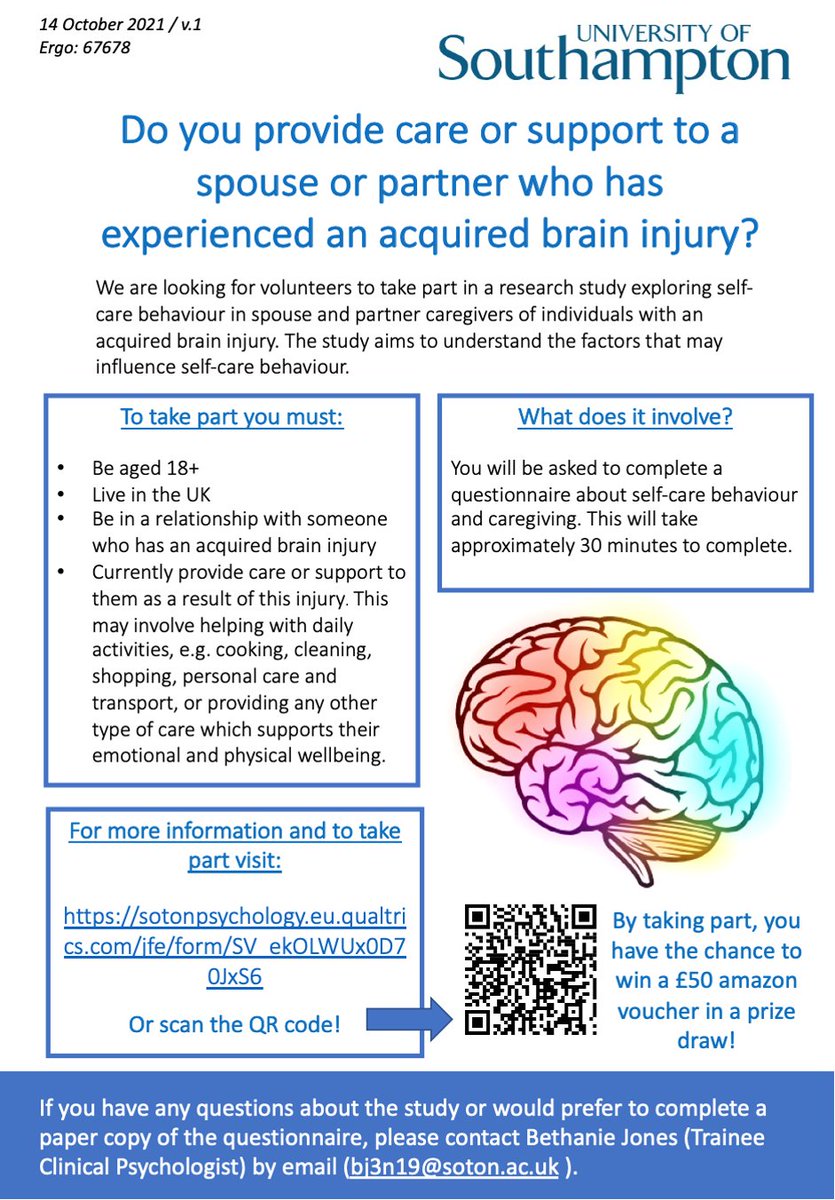 Dr Beth Glanville (@drbethglanville) on Twitter photo New psychology research study!
I am looking for spouses/partners of adults who have experienced an acquired brain injury to complete a short survey about self-care and caregiving.
For more info see poster below or click on the link to access the survey:
sotonpsychology.eu.qualtrics.com/jfe/form/SV_ek… New psychology research study!
I am looking for spouses/partners of adults who have experienced an acquired brain injury to complete a short survey about self-care and caregiving.
For more info see poster below or click on the link to access the survey:
sotonpsychology.eu.qualtrics.com/jfe/form/SV_ek…