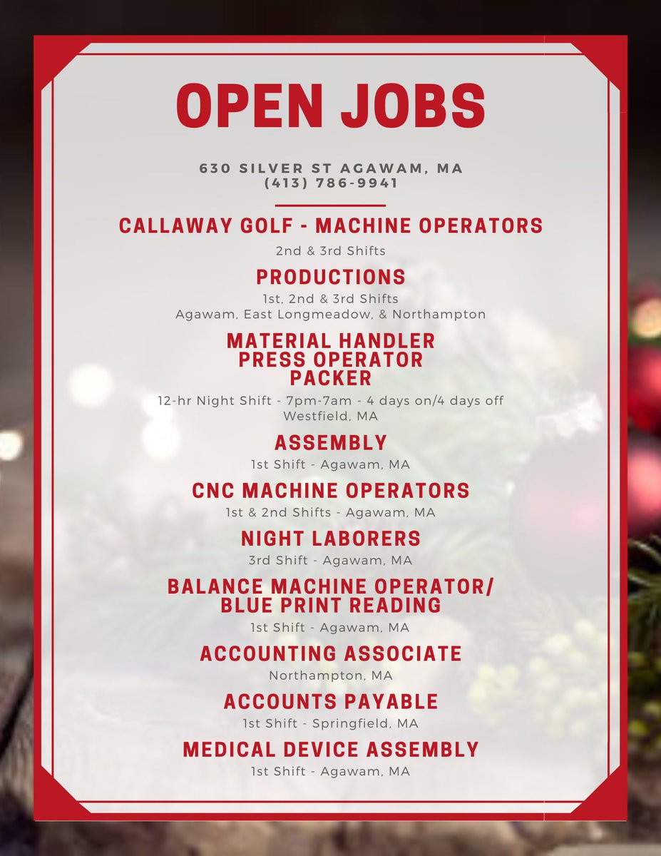 ReliableTemps's tweet image. Reliable Temps is #hiring ! Please call our Agawam office at 413-786-9941 for more information!