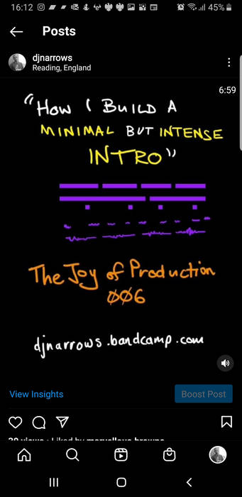 Forgot to tweek this:
Joy Of Production 006 - Building an Intro

Lets watch at Narrows' mind at work.
instagram.com/tv/CWlNQOQIUxe…

#UKG #UKGarage #UKBassline #StudioGeek #Dark4x4 #MusicProducer #Intro #MusicProduction #DarkGarage #Bandcamp