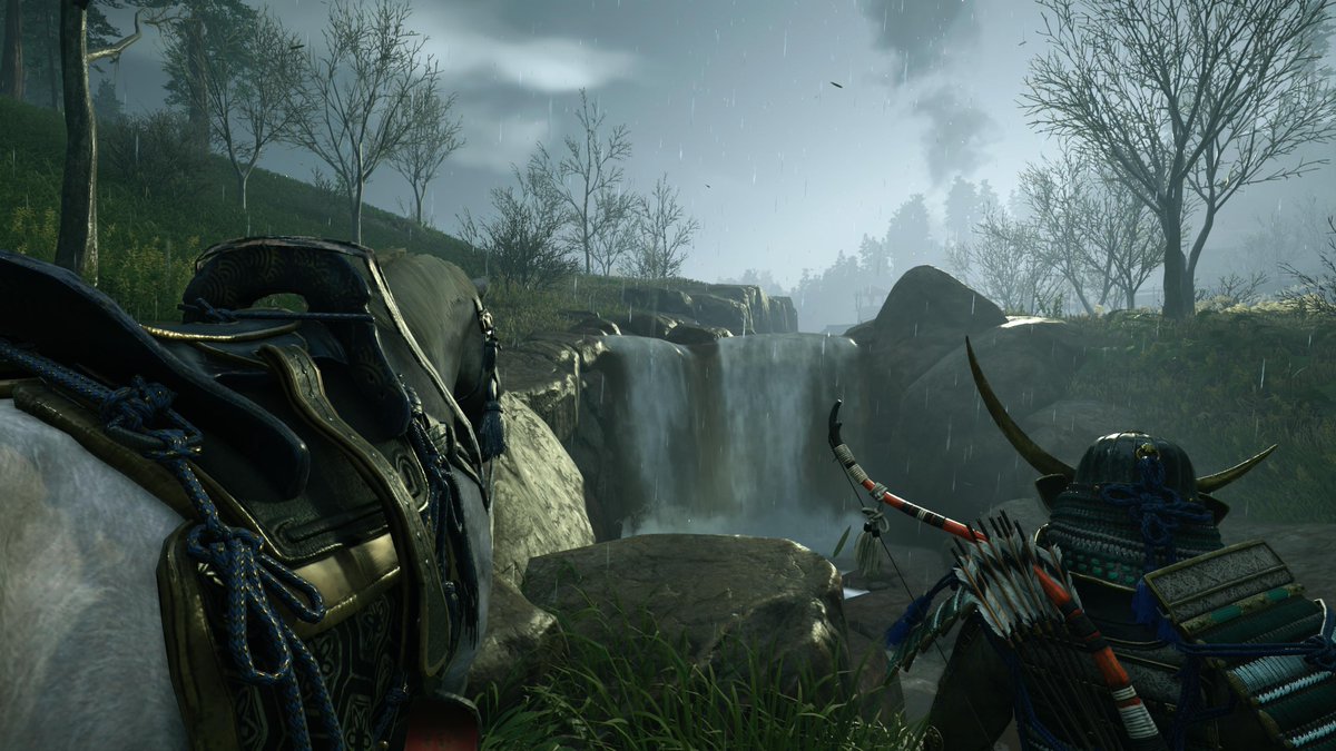 Jin and horsey look on with dismay after realising there's no secret area behind the waterfall. #GhostOfTsushima #PS5Share