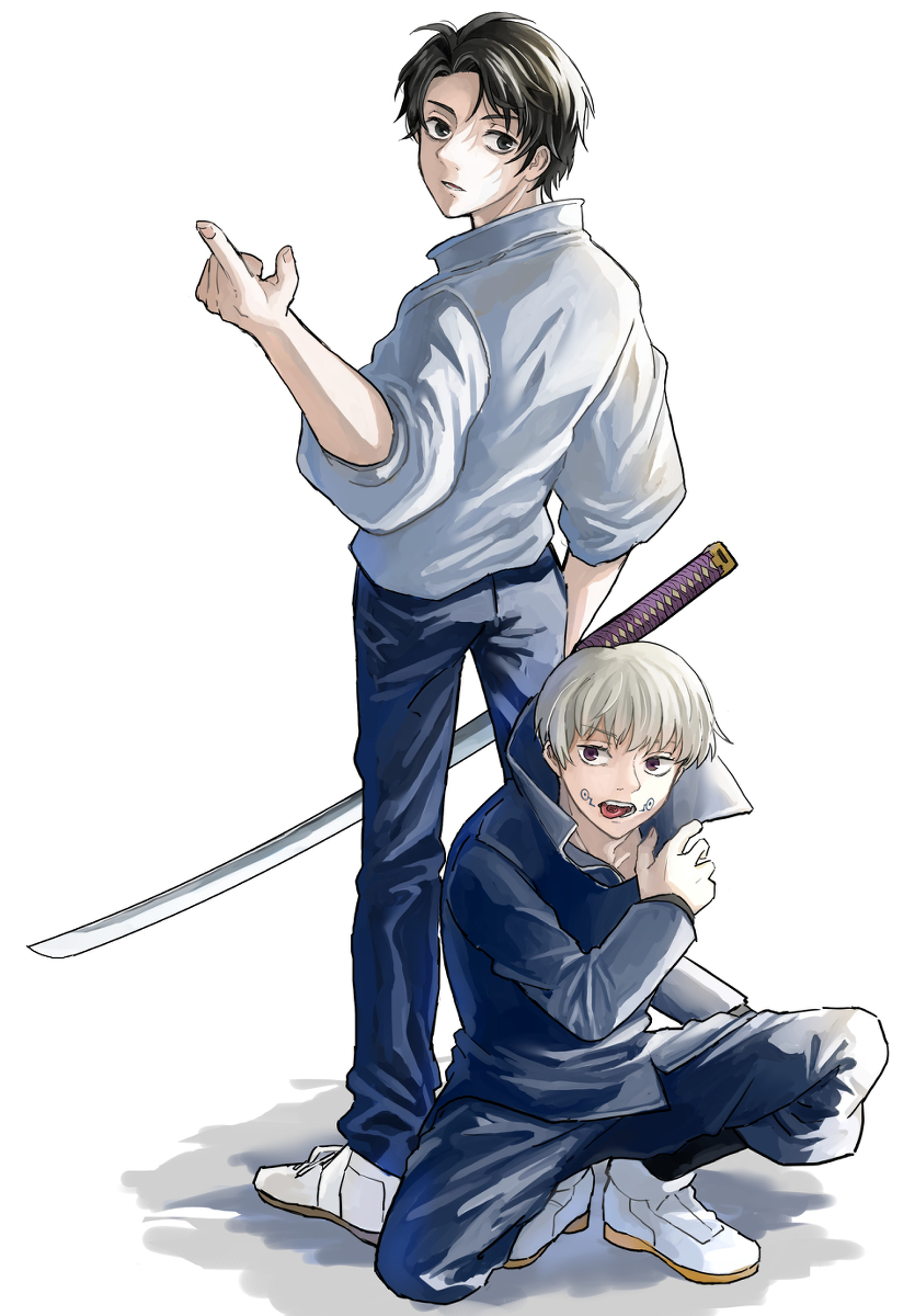 weapon sword multiple boys 2boys black hair pants katana  illustration images