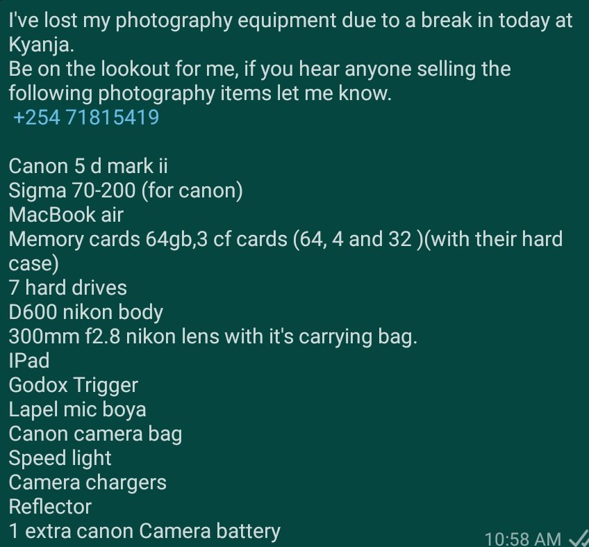 chichionchiri's tweet photo. To the Ugandan Photographers please reach out to me if you see any of the Photography Equipment listed below being sold. I will give out a cash reward for any leads to recovering them. 
Thank you https://t.co/0qk7tQ6Ptc