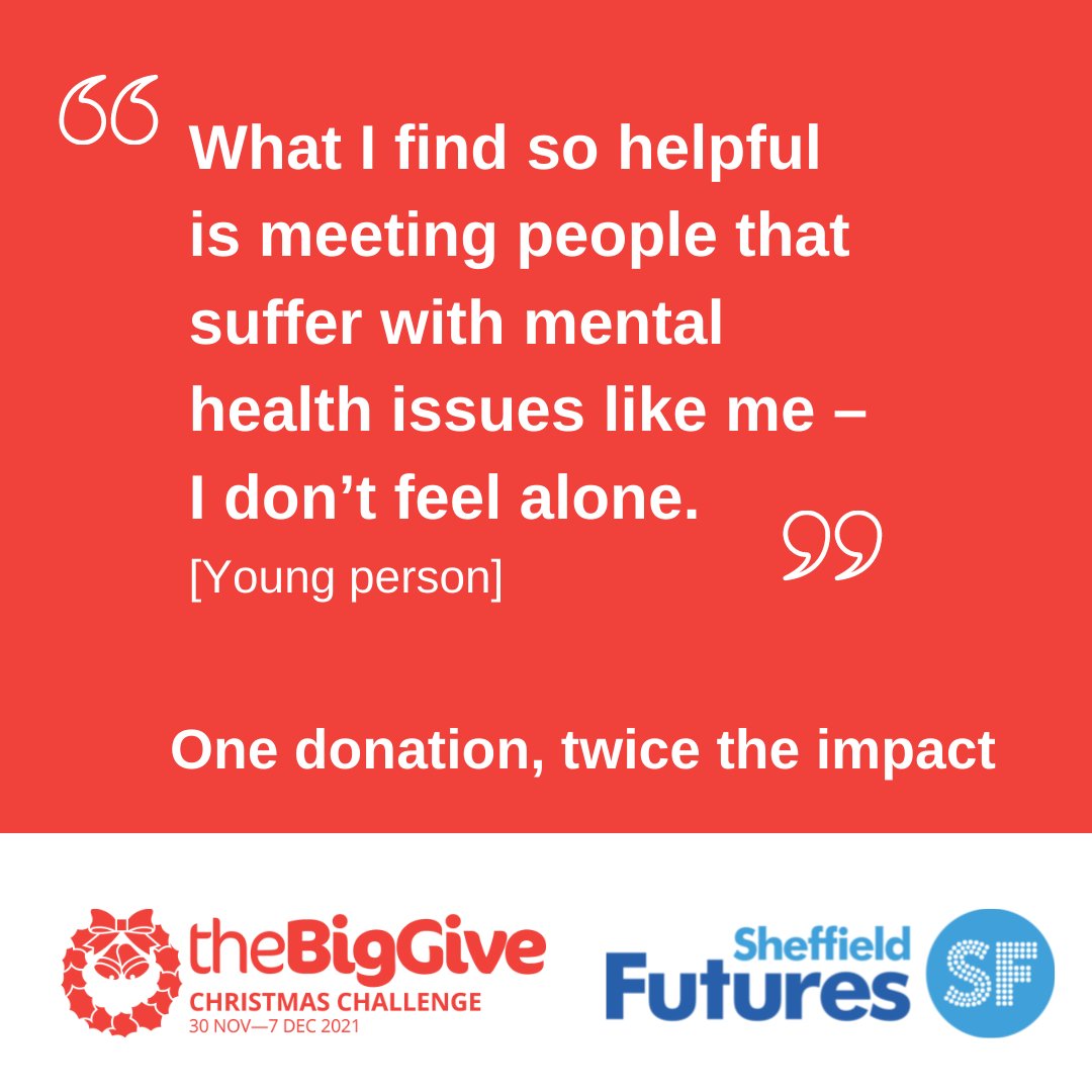 SheffFutures's tweet image. "What I find so helpful is meeting people that suffer with mental health issues like me – I don’t feel alone.”
Please help us to continue to help young people. Please donate our matched funding campaign.
One donation, twice the impact.
➡️ Donate here: bit.ly/3o4WQ06 RT