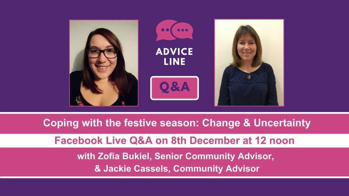 The festive season may involve change & uncertainty for autistic people & their families. If you have a question, please send to events@scottishautism.org for Zofia & Jackie to answer at our live Advice Line Q&A on 8th Dec, on Facebook. Find out more: scottishautism.org/events/advice-…