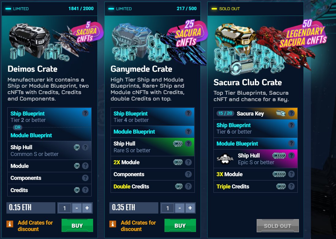 farsite_online's tweet photo. 🔥All Sacura Club Crates were SOLD OUT within 2 hours!

But there is still a chance to obtain rare Sacura cNFT Ships from Ganymede and Deimos Crates 🧰 https://t.co/QSIrBWkJlb