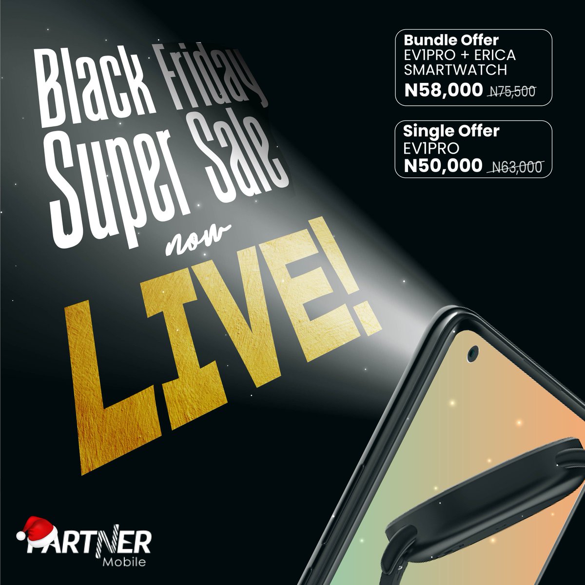 Yes you’re seeing it right. Black Friday Super Sales is LIVE at Partner Mobile. 
Check link to our website on bio

#PartnerMobile #BlackFriday #BlackFriday2021 #EV1PRO #EricaSmartwatch #TGIF