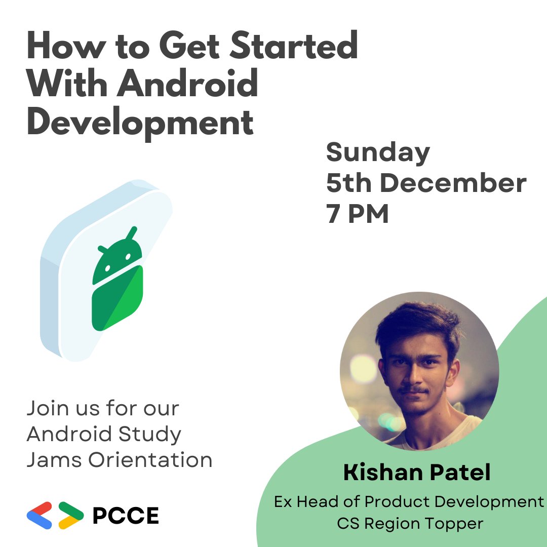 GDSC_PCCE's tweet photo. The  Android month is here✨
✨GDSC PCCE is back with another one of its exciting workshops! . There are no prerequisites required.
✨The speaker for this session will be Kishan Patel 
✨Register yourself and walk out with immense knowledge about Android dev. https://t.co/COfrhPJAqK