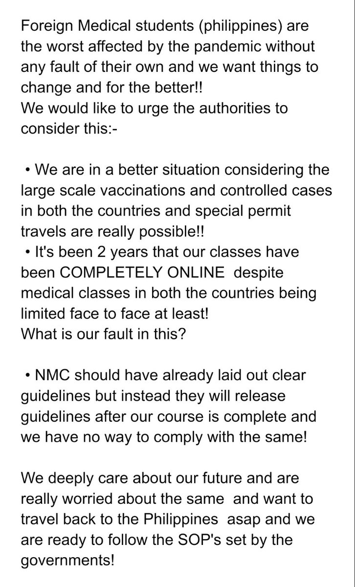 NAGARHarshit29's tweet photo. We want to go back to the philippines and start offline classes asap! 
@NMC_IND @mohfw_india @mansukhmandviya @officeof_MM @nbeindia @pib_india @yati_patil
@indembmanila @meaindia @PhCHED @shambhukumaran @immigrationph @uphrjfsm_sc @IndiaToday @JM_Scindia https://t.co/5eZSdP1arM