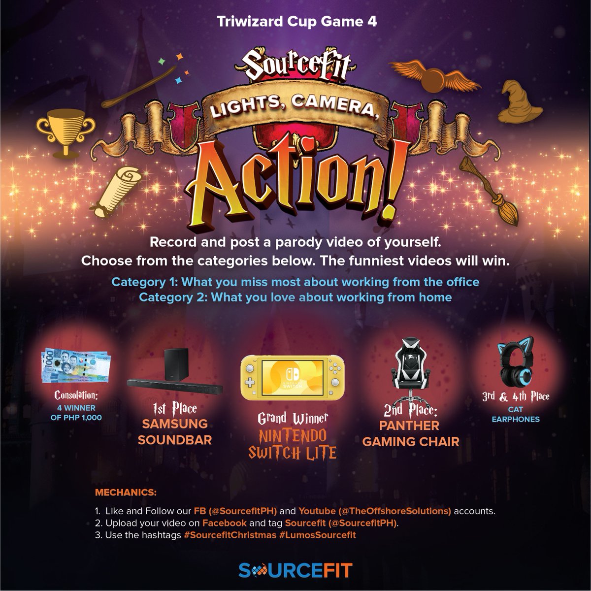SourcefitHQ's tweet photo. Let's start this Christmas early! Are you ready to join our #TriwizardCup? We're giving away fantastic prizes to all our winners! To enter, simply click on the banner of games you want to join and follow the mechanics. This contest is open to all Sourcefit Employees only. https://t.co/OWivRQ5uk2
