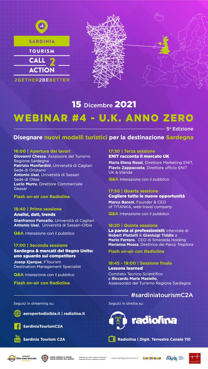 Il programma di #SardiniaTourismC2A del 15 dicembre 2021, WEBINAR #4 -UK, ANNO ZERO (Disegnare nuovi modelli turistici per la destinazione Sardegna).
Vi aspettiamo in diretta streaming.
FB 🟣@SardiniaTourismC2A
TW🟣@sardiniaTC2A
YT 🟣 goo.gl/V3frmE