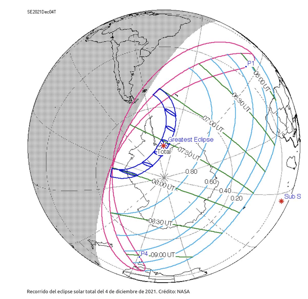 MarGomezH's tweet photo. El eclipse parcial será visible en la Antártida y el sur de África. Se iniciará a las 5 h y 29 min TU (Tiempo Universal)en el océano Atlántico sur. El fin del eclipse se producirá a las 9 h y 37 min TU al sur de Tasmania. La duración total del fenómeno será de algo más de 4 h https://t.co/Vfu5Zh6rbG