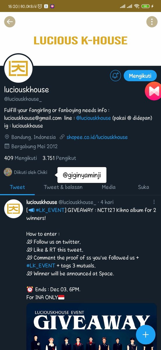 giginyaminji's tweet photo. @luciouskhouse_ @NCTsmtown_127 makasi banyak @luciouskhouse_ buat GA nya, semoga first time bisa menang GA punya album NCT amin โคโจ #LK_EVENT @kangtikungbias @arctophilc @slowbreezeaqua https://t.co/MDEcBAyCM3