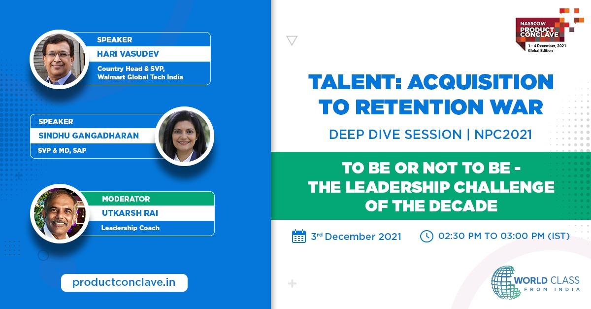 nasscomdeeptech's tweet photo. Another action-packed #DeepDiveSession on Talent: Acquisition to Retention War: To be or not to be - The Leadership Challenge of the decade at Day 3 of the ongoing #NPC2021 event.
@utkarshkrai as moderator alongside Hari Vasudev, @Walmartlabs, @gangadharansind, @SAP #LIVE now! https://t.co/A5XACqynya
