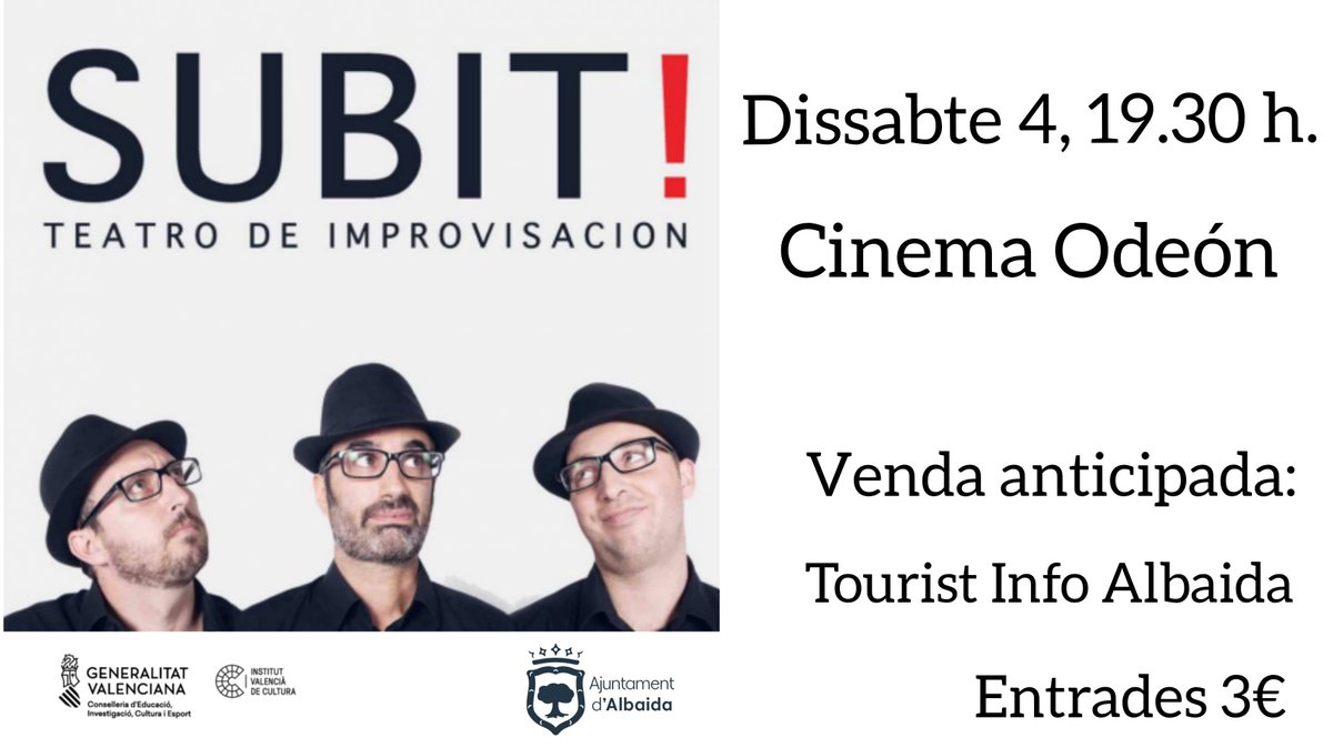 AjAlbaida's tweet photo. 🤩 Vine a disfrutar de #SUBIT! i el seu teatre d'improvisació el dissabte 4 de desembre a les 19.30 h.

🎫 Ja tens les entrades a la venda anticipada a la Tourist info Albaida. ⏰ Divendres i dissabte de 10.00 a 14.00 i de 16.00 a 19.00 hores.
@albaidaturisme @MITitelles https://t.co/Ora4FwpW9x