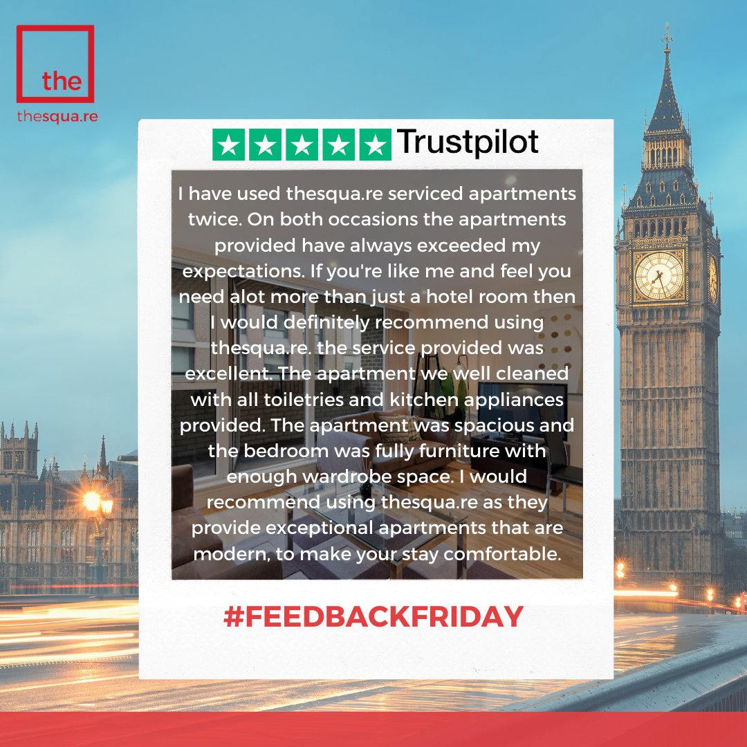 We love hearing about our clients' experiences in their own words. Here is another great review by one of our guests. Take a look!

For more of our #reviews, you can go to our Trustpilot page.

#ServicedApartments #CustomerExperience #HappyClients #Testimonials #FeedbackFriday