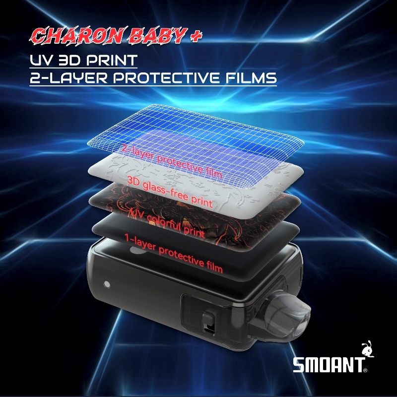 Smoant's tweet photo. UV 3D print + double protective film technology on #charonbabyplus https://t.co/wu8s0T9QNn