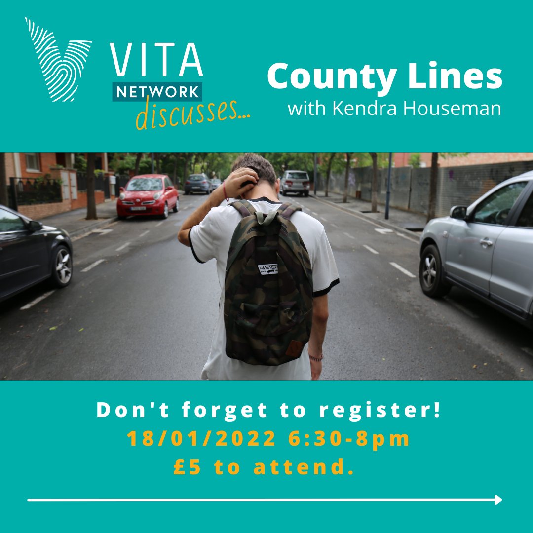 VITA_Network's tweet photo. “Children are being criminalised before they’re being safeguarded!”

Don’t forget to register!
“VITA Network discusses... County Lines” with Kendra Houseman @Outofthe_Shadow.

18/01/22, 6.30-8pm. 
Register here - https://t.co/MuenyMOJOO
£5 to attend

#VITA #Countlines https://t.co/TJEeu0sPMJ