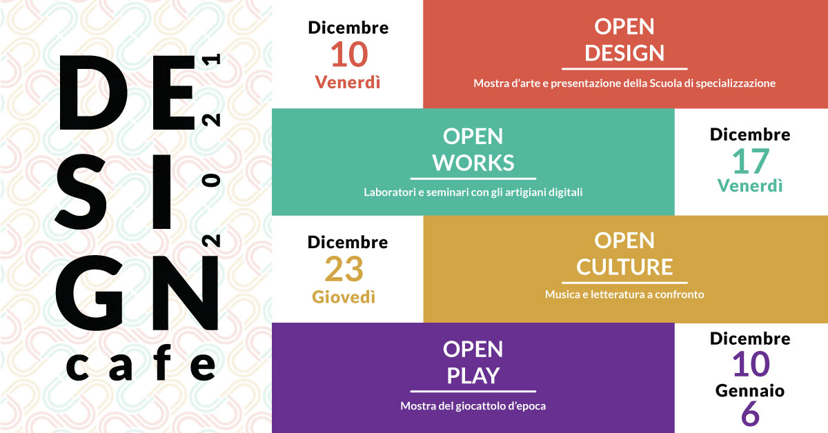 Un Natale tutto da vivere quello che ti aspetta al Centro per l’Artigianato Digitale di Cava de’ Tirreni, dal 10 dicembre 2021 al 6 gennaio 2022!
Tra opportunità di formazione, mostre d’arte, laboratori con gli artigiani, concerti e incontri con scrittori:
bit.ly/DesignCafè