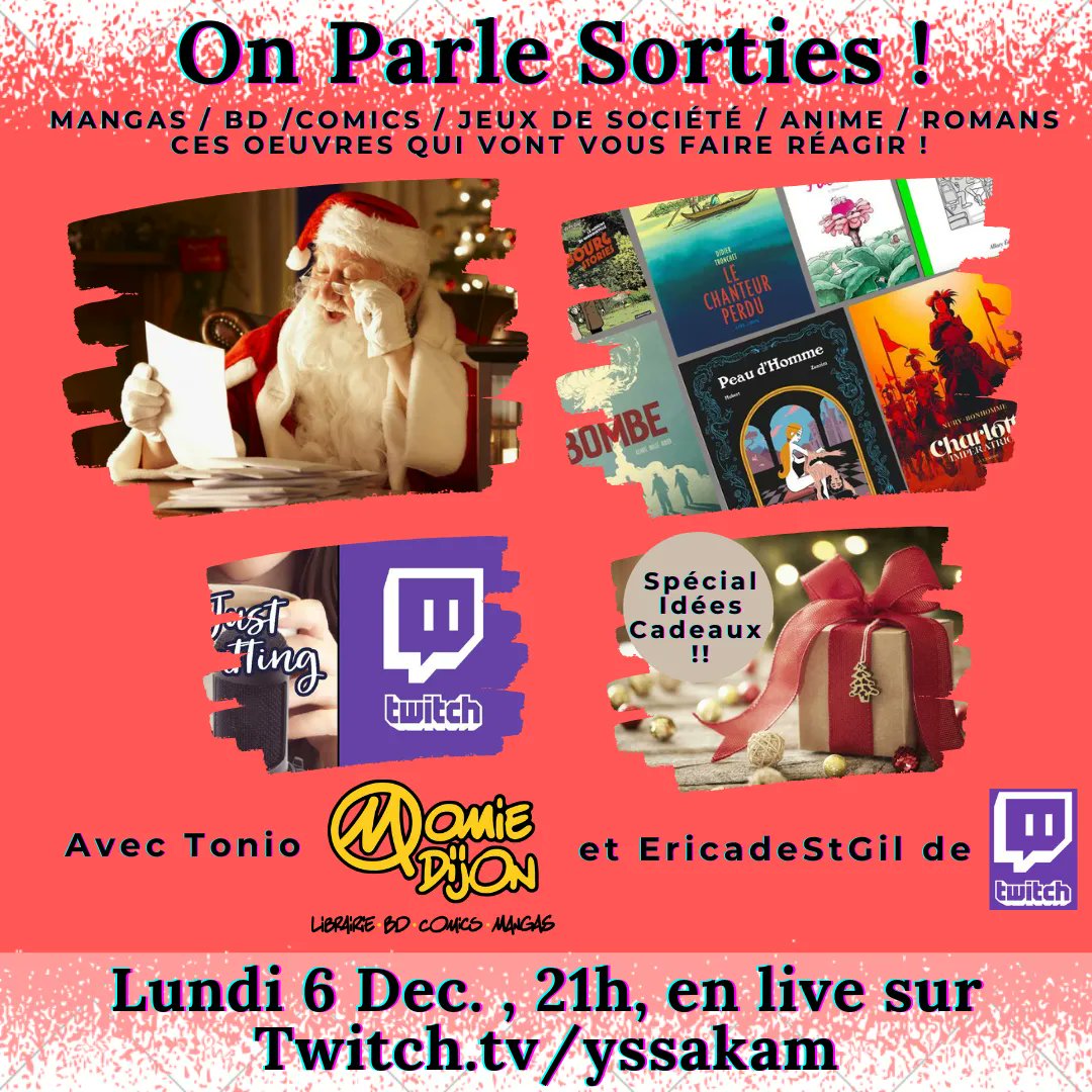 yssakam's tweet photo. En avant pour une nouvelle soirée #OnParleSorties Ca va se dérouler lundi prochain sur Twitch !
Thème spécial Idées Cadeaux !
#mangas #bd #comics #jeuxdesociete #popculture #live #streaming #twitch #twitchfr #justchatting #romanfantastique #roman #cadeaux #noël #ideecadeaunoel https://t.co/VKa9ucuBD3