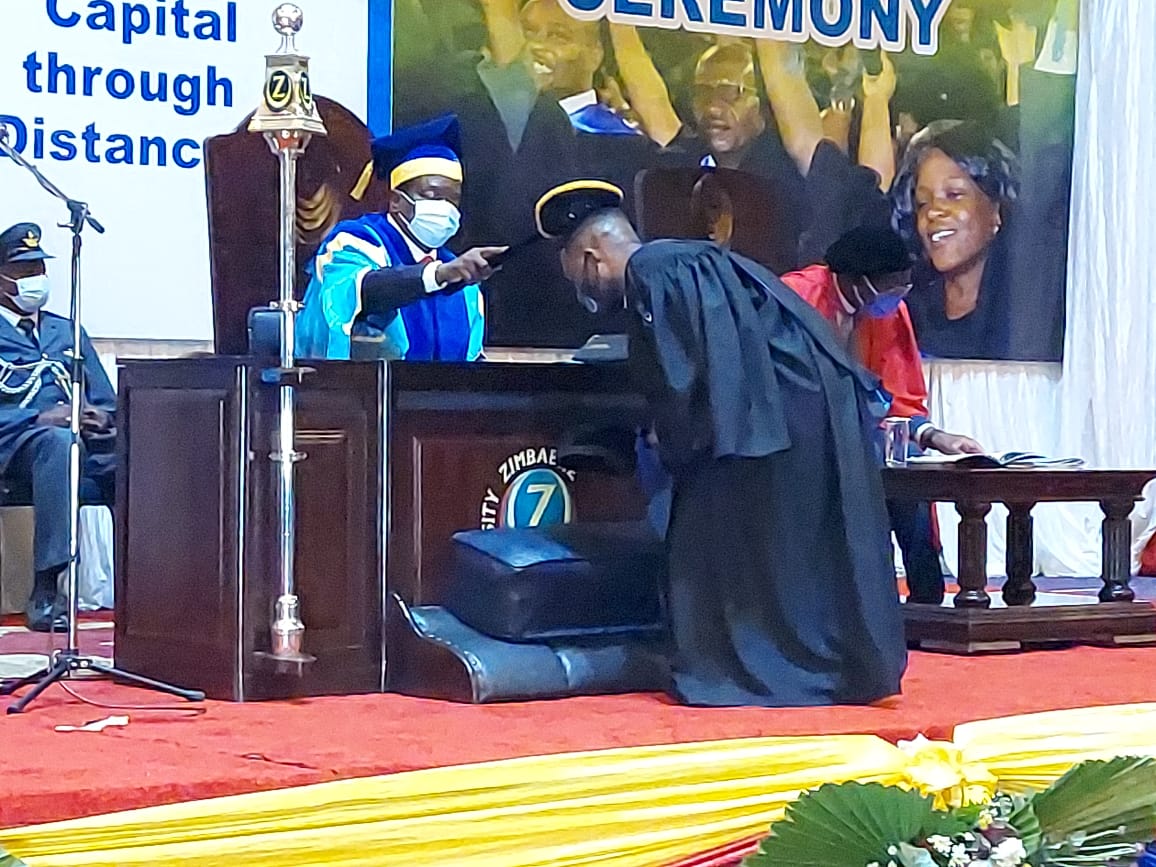 InfoMinZW's tweet photo. President HE @edmnangagwa has conferred degrees to graduands from the University’s various faculties. The late Father Emmanuel Ribeiro was posthumously awarded a Doctor of Philosophy (Honoris Causa) in African Theology for his distinguished contributions to society #ZOUgraduation https://t.co/lbVuVFh2Gy