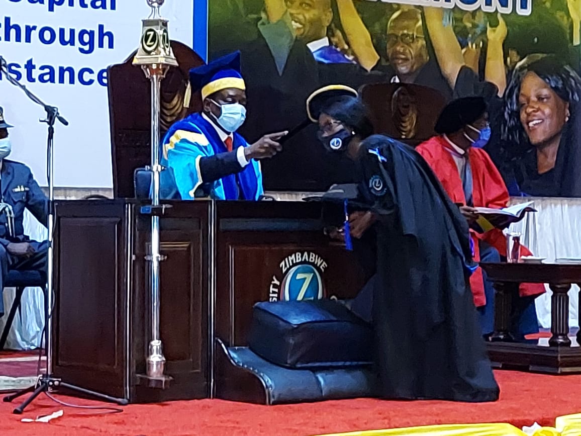 InfoMinZW's tweet photo. President HE @edmnangagwa has conferred degrees to graduands from the University’s various faculties. The late Father Emmanuel Ribeiro was posthumously awarded a Doctor of Philosophy (Honoris Causa) in African Theology for his distinguished contributions to society #ZOUgraduation https://t.co/lbVuVFh2Gy