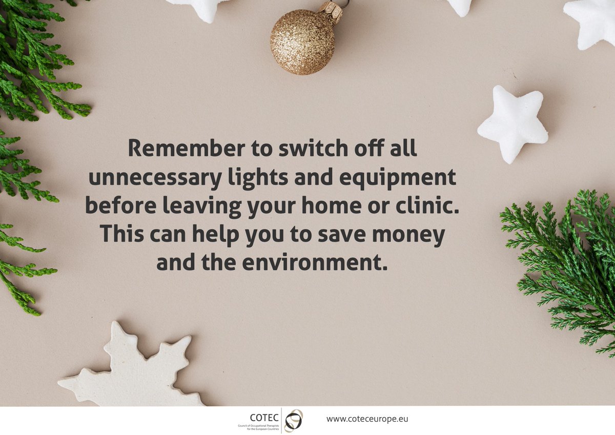 Our first #Sustainability tip for the festive period reminds us to fully switch off electrical appliances when not in use. A simple but very effective technique!

#12sustainabledaysofChristmas #OccupationalTherapy 
<a href="/COTECSoderstrom/">COTEC Soderstrom</a>
<a href="/E_Denysiuk/">Eva Denysiuk</a>
<a href="/DrAnnMarieMorrs/">Ann-Marie Morrissey</a>
<a href="/COTECEurope/">COTEC</a>