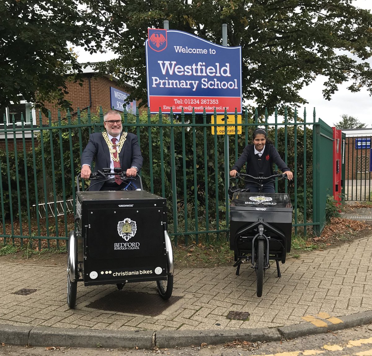 WestfieldSchl's tweet photo. Amazing to have two winners who have named the electric bikes! @SustransBedsMK #teamwestfield https://t.co/o5AASeCmVy