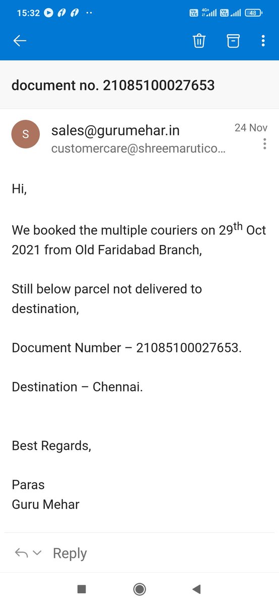 parasmadan's tweet photo. @rambhaimokariya 

21085100027653
Parcel dispatched on 29th of October yet it's not delivered to the destination tried a lot through phone and email but no solution from below team https://t.co/zdpb1D1Ylf