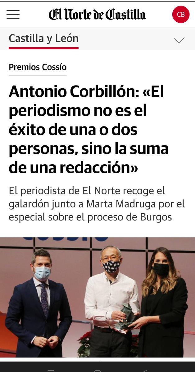 Y ahí están el compi <a href="/Tocorbillon/">Toño Corbillón</a> con <a href="/MartaMadruga/">Marta Madruga</a>, que han ganado uno de los #PremiosCossío, defendiendo el equipo y no las individuales en un oficio de ombliguistas y ególatras. Alguien hace poco hablaba también de tiranía. 
👏👏👏 #PeriodismoLocal 
elnortedecastilla.es/castillayleon/…