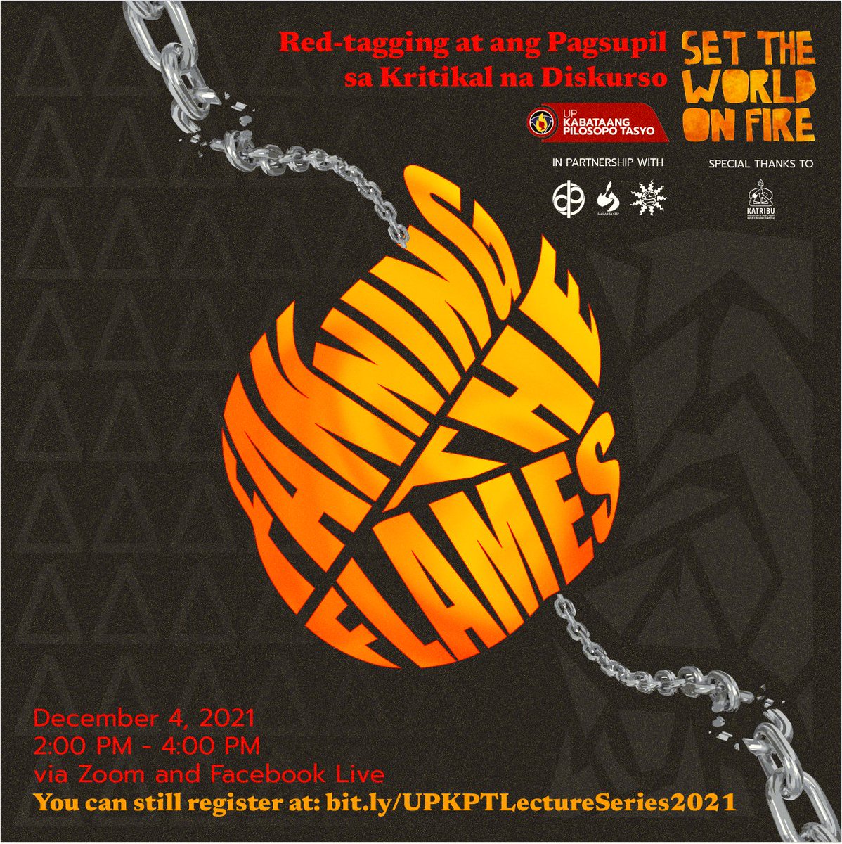 upkapitas's tweet photo. MALI BA MAGING KRITIKAL?

Inaanyayahan namin ang lahat sa “Fanning the Flames: Red-Tagging at ang Pagsupil sa Kritikal na Diskurso” ngayong ika-4 ng Disyembre 2021 mula 2:00 PM hanggang 4:00 PM.

Magparehistro: https://t.co/xjJkMz7SNP

#MinsanMagpakailanman3031
#PrometheusUnbound https://t.co/SM3n4qGXDT