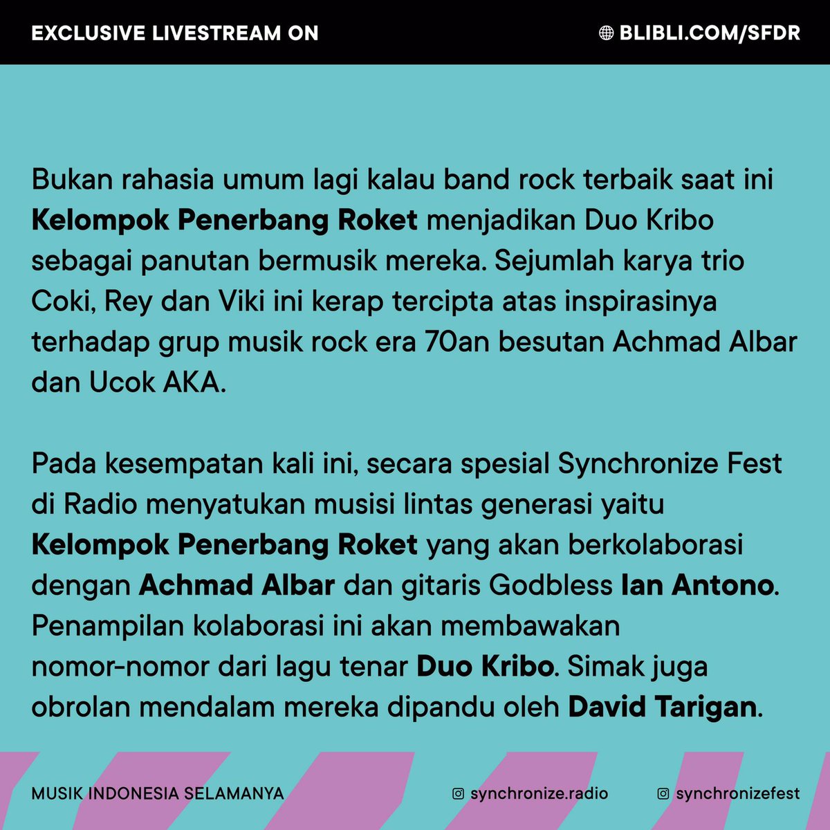 synchronize_R's tweet photo. Kapan lagi mendengar kolaborasi dua generasi yang gahar? Yes, kali ini @penerbangroket akan mengajak #AchmadAlbar dan #IanAntono. untuk turut meramaikan #SynchronizeRadio
#DavidTarigan akan menjadi host untuk kolaborasi yang patut dinantikan penampilannya di #SFDR2021 https://t.co/wKZwta6Day