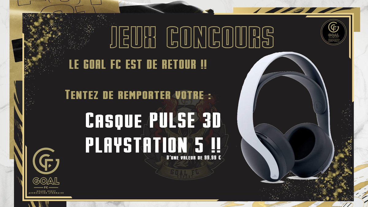 🎁CONCOURS 🎁

Pour cette fin de saison automne <a href="/eSportFA/">Esport Football Association</a> goal Fc vous fait gagner un casque pulse 3D pour Noël. 

Pour participer:
⚫️🟠follow <a href="/Goal_fc_Esport/">Goal FC eSport</a> <a href="/GOAL__FC/">GOAL FC</a> et RT ce tweet en mentionnant un ami. 

⏱Tirage au sort le 24/12 

<a href="/eSportFA_FR/">ESPORT FOR ASSOCIATIONS</a> @ActuEsportFA #EsportFA22
