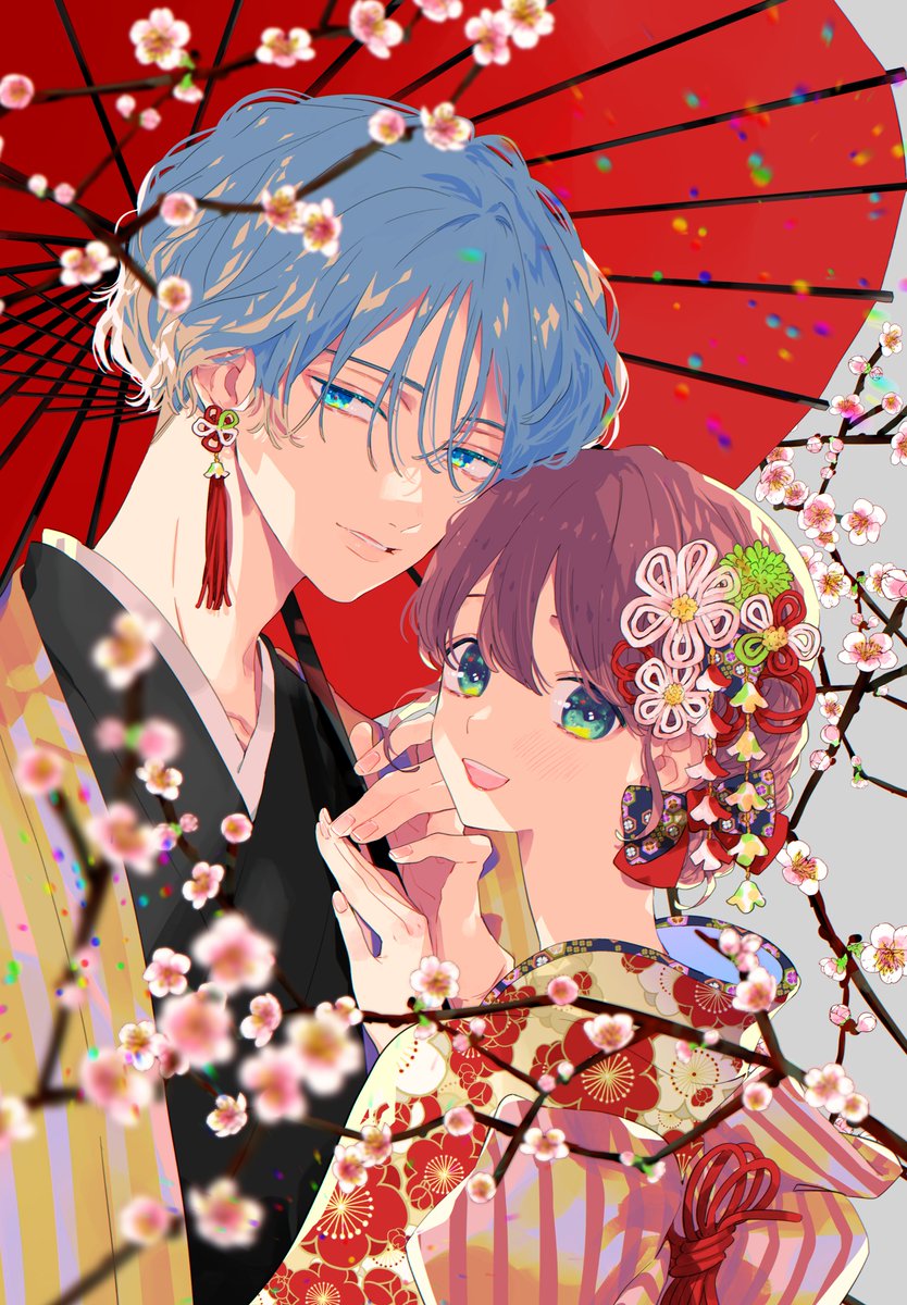 1girl 1boy japanese clothes blue hair umbrella kimono earrings  illustration images