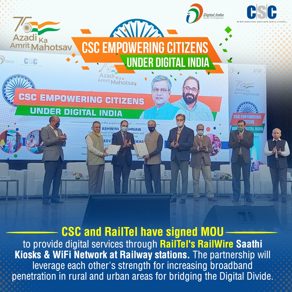 CSCegov_'s tweet photo. .#CSC and #RailTel have signed MoU to provide digital services through @RailTel's RailWire Saathi Kiosks &amp; WiFi Network at Railway stations.

#AzadiKaDigitalMahotsav #AmritMahotsav #RuralEmpowerment #DigitalIndia #FridayMotivation https://t.co/WOwFUR6TX1