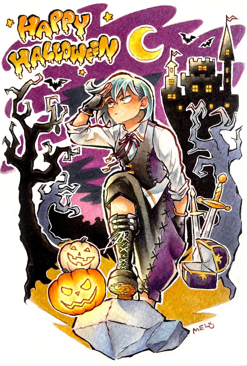 #皆さんラフと完成絵を見せてください
今年のハロウィンの時の絵です🎃
思いついた時、紙とペンがそばになかったので、アイビスペイントに描いたものです📱
(所々変更してますが…✏️💦)