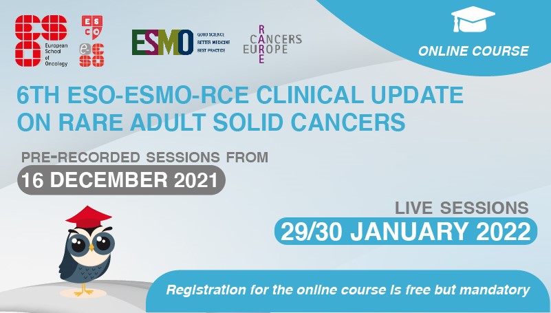 Pre-recorded sessions of the 6th ESO-ESMO-RCE Clinical Update on Rare Adult Solid Cancers are available online from today! Register for FREE and start to improve your knowledge on diagnosis and treatment of these tumors. bit.ly/313xbMB @myESMO @_rarecancer #rarecancers