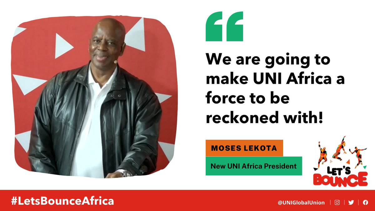 uniglobalunion's tweet photo. 🎉Congratulations to our new UNI Africa President Moses Lekota, who is President of #Sasbo finance union in South Africa! 

He calls for unions to lobby their governments to #RatifyILO190 against violence and harassment. And urges all workers to be vaccinated💉

#LetsBounceAfrica https://t.co/ubOy9idgNl