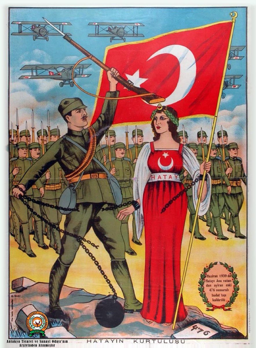 Mehmet Baki 1939 yılında Hatay'ın kurtuluşuna ithafen çizilmiştir. 'Antakya ve İskenderun Türk'ün iki kızıdır' sözüne ithafen betimlenmiş Şükrü KANATLI paşa tarafından kırılan 476 numaralı taş  Payas civarlarına denk gelen sınır taşını temsil eder.#Hatay