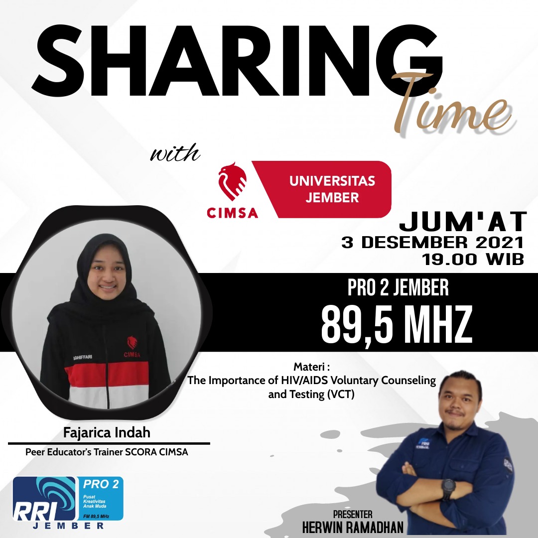 Cimsa UNEJ kembali temani malam hari kamu dalam Sharing Time dengan tema 'The Importance of HIV/AIDS Voluntary Counseling and Testing (VCT) '. 

Jangan sampe ketinggalan yaa, nanti malam di jam 7!